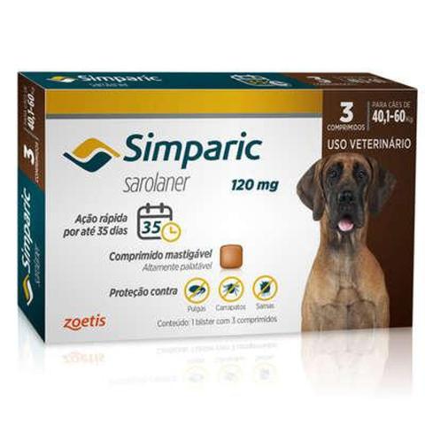 Imagem de Simparic antipulgas, carrapatos e sarnas para Cães de 40,1 a 60Kg - 120mg - cx com 3 compr - Zoetis