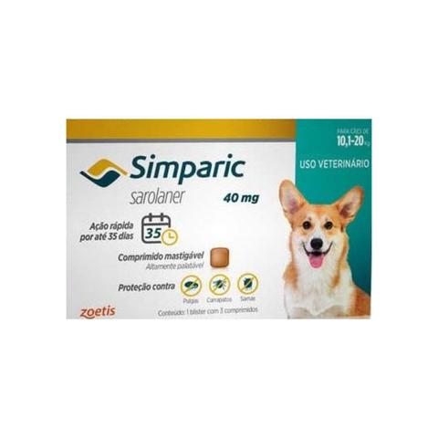 Imagem de Simparic Antipulgas e Carrapatos 40mg p/ Cães de 10.1kg até 20kg c/ 3 Comprimidos