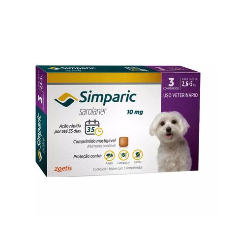 Imagem de Simparic Antipulgas e Carrapatos 10mg p/ Cães de 2.5kg até 5kg c/ 3 Comprimidos