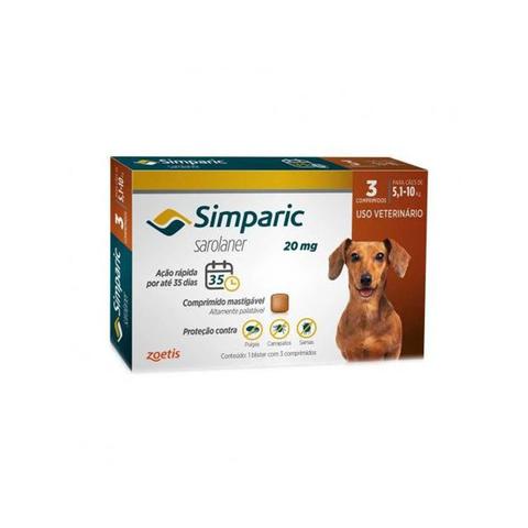 Imagem de Simparic Antipulgas e Carrapatos 20mg p/ Cães de 5.1kg até 10kg c/ 3 Comprimidos